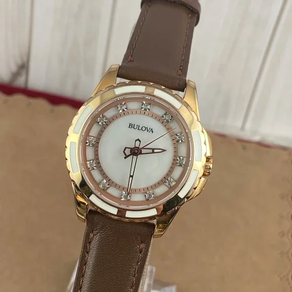 Bulova 2 Tone White Enamel and Rose Gold Crystal Dial New Brown Leather Strap - Picture 2 of 8
